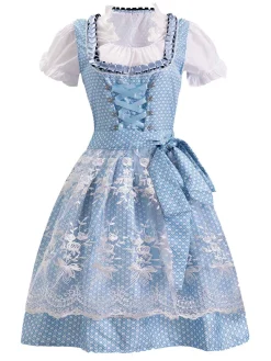 Discount Retro Stage 1950s Oktoberfest Lace Patchwork Dress Set Blue