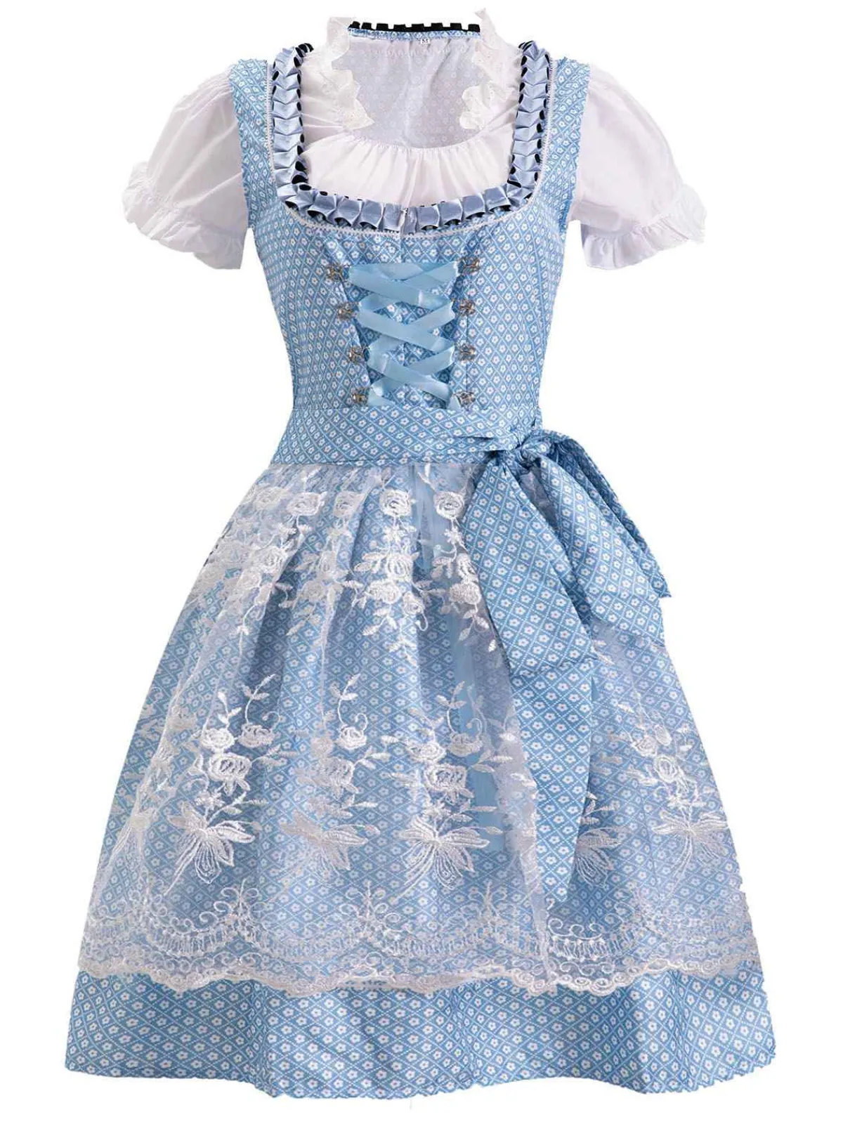 Discount Retro Stage 1950s Oktoberfest Lace Patchwork Dress Set Blue