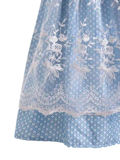 Discount Retro Stage 1950s Oktoberfest Lace Patchwork Dress Set Blue