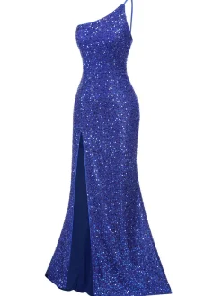 New Retro Stage 1920s One-Shoulder Sequined Mermaid Dress Blue