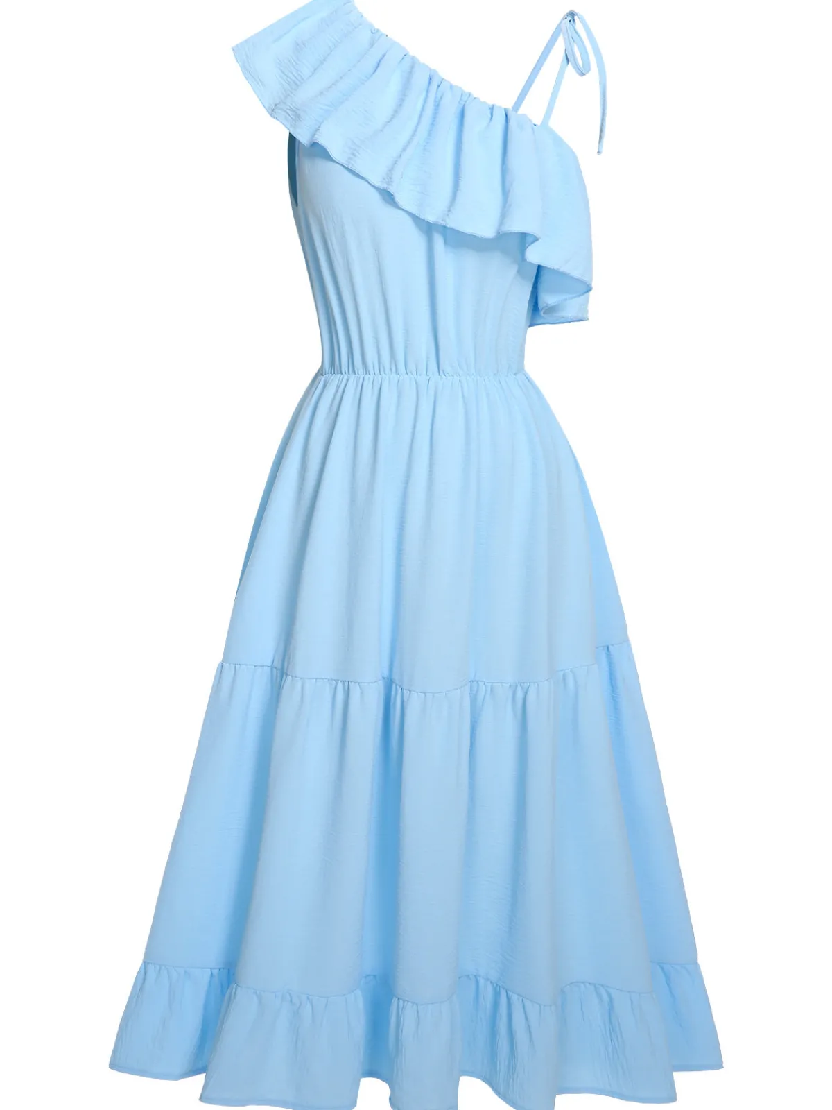 Discount Retro Stage 1940s One-Shoulder Sleeveless Ruffles Dress Blue