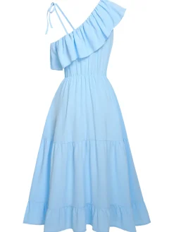 Discount Retro Stage 1940s One-Shoulder Sleeveless Ruffles Dress Blue