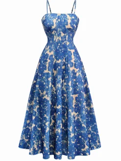 Hot Retro Stage 1940s Painting Floral Straps Dress Blue