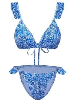 Discount Retro Stage 1950s Paisley Print Ruffle Trim Triangle Bikini Swimsuit Blue