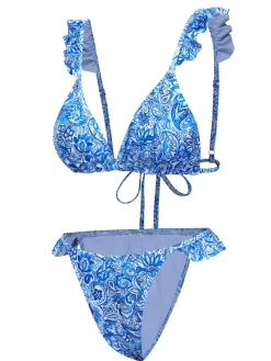 Discount Retro Stage 1950s Paisley Print Ruffle Trim Triangle Bikini Swimsuit Blue