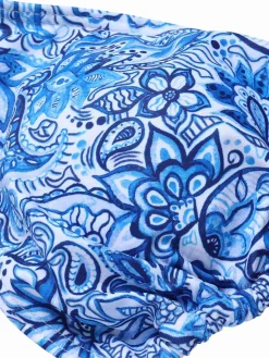 Discount Retro Stage 1950s Paisley Print Ruffle Trim Triangle Bikini Swimsuit Blue