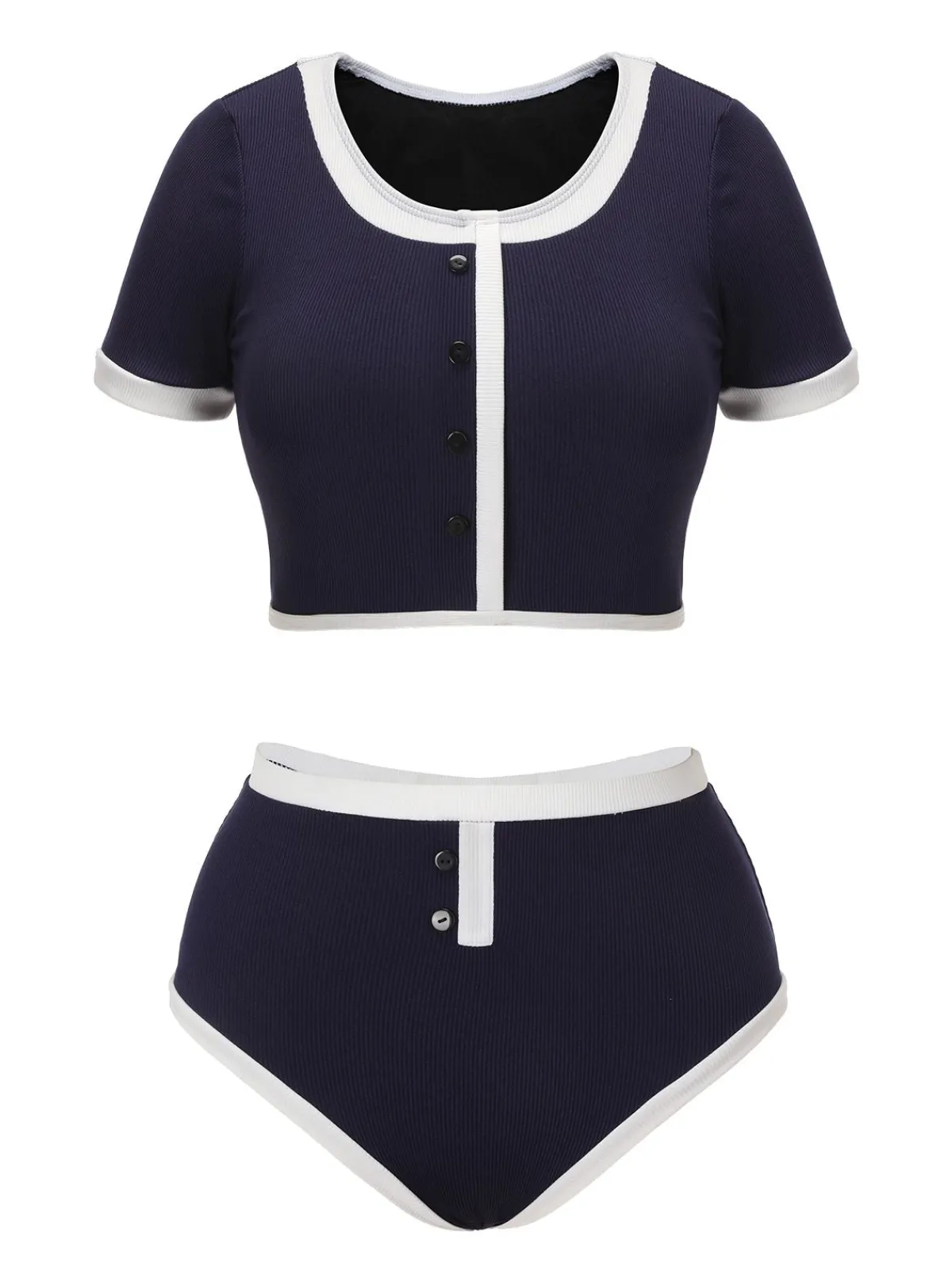 Discount Retro Stage Blue 1940s Patchwork Buttoned Swimsuit