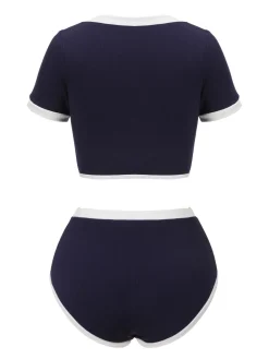 Discount Retro Stage Blue 1940s Patchwork Buttoned Swimsuit