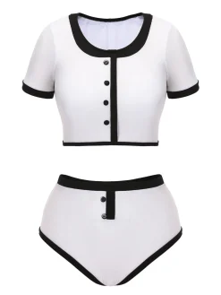 Discount Retro Stage Blue 1940s Patchwork Buttoned Swimsuit