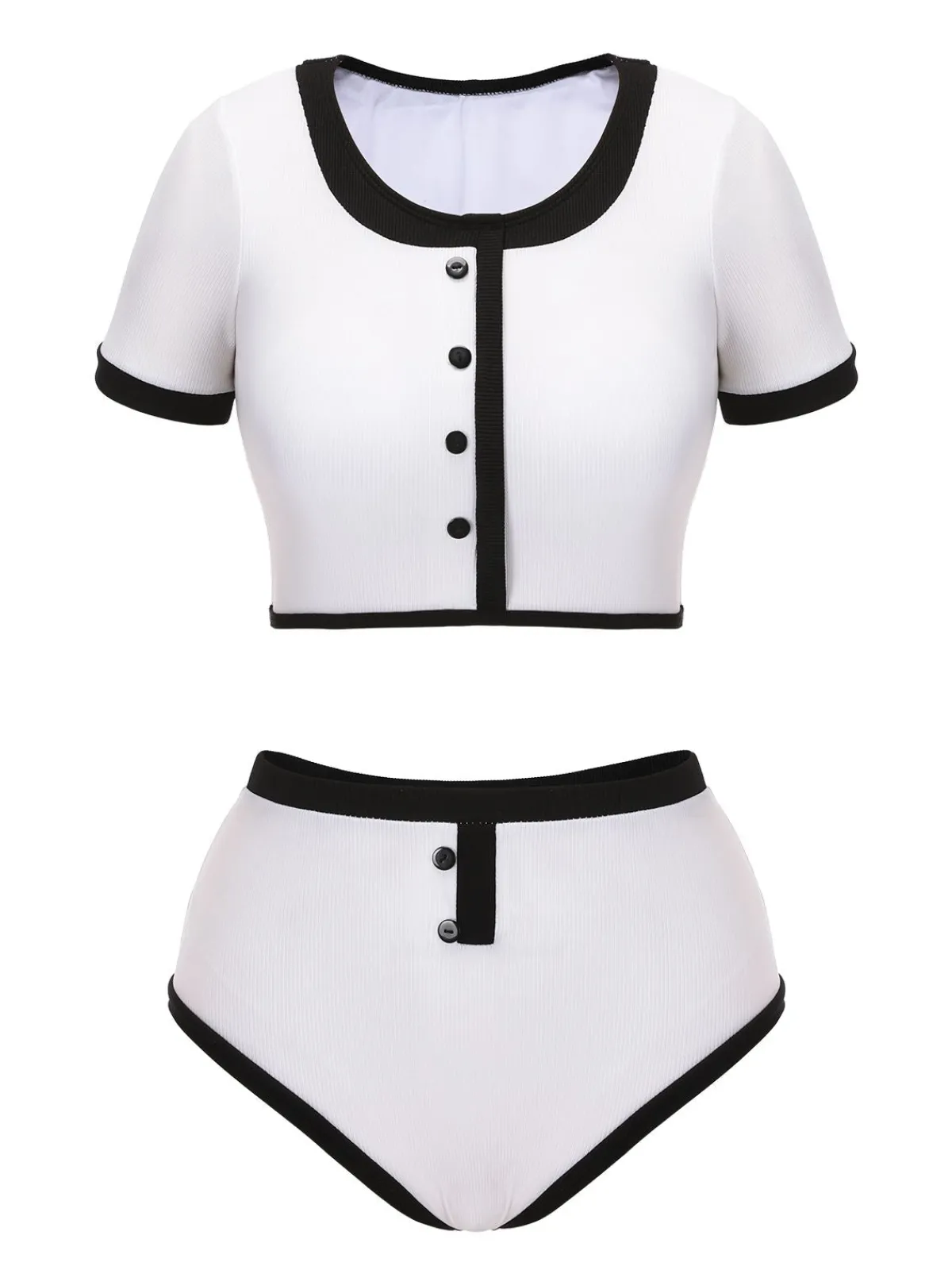 Discount Retro Stage Blue 1940s Patchwork Buttoned Swimsuit