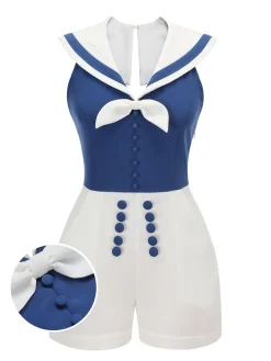 Best Retro Stage 1950s Patchwork Halter Navy Romper Blue