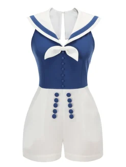 Best Retro Stage 1950s Patchwork Halter Navy Romper Blue