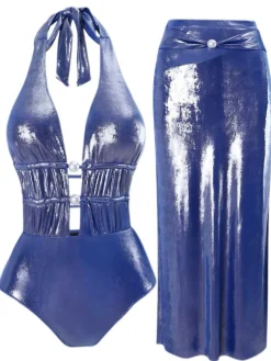 Clearance Retro Stage 1970s Pearl Shimmery Halter Swimsuit & Cover-Up Blue