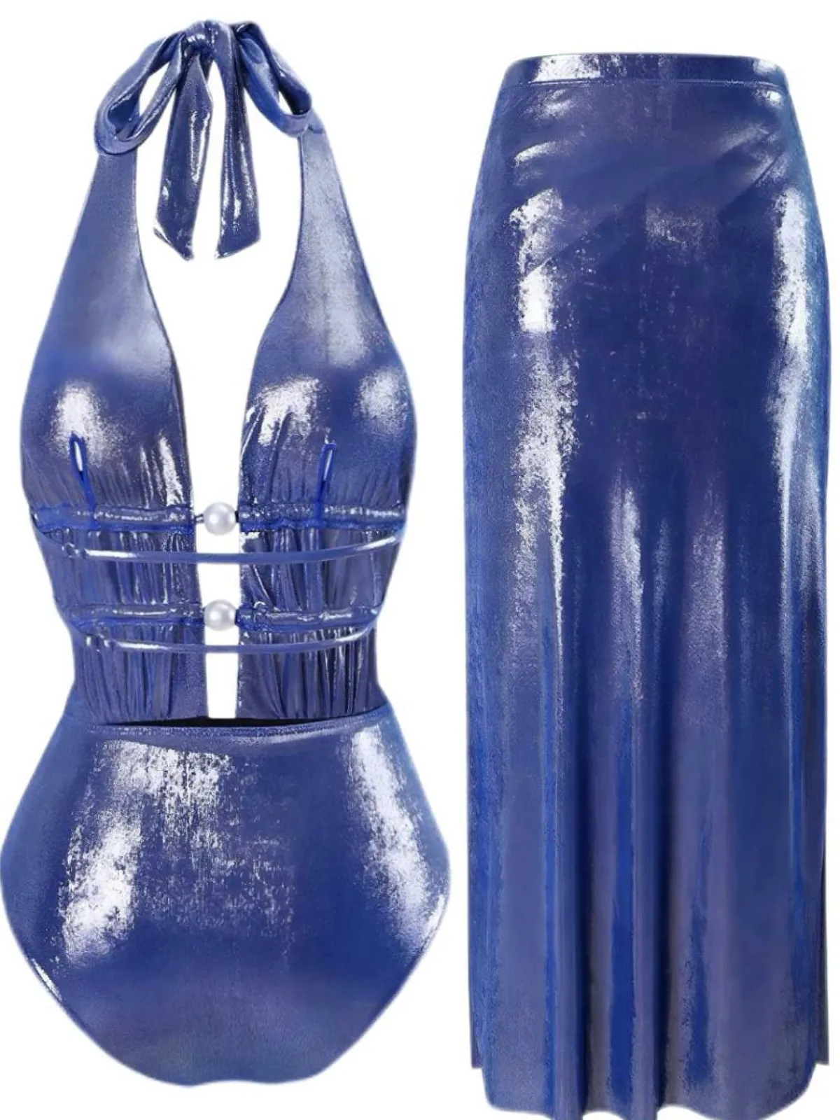 Clearance Retro Stage 1970s Pearl Shimmery Halter Swimsuit & Cover-Up Blue