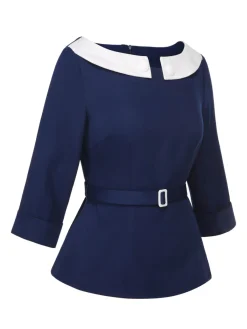 Clearance Retro Stage 1960s Peter Pan Collar Belt Top Blue