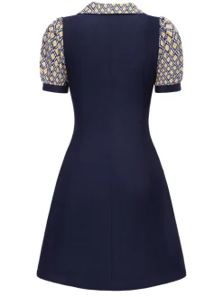 Fashion Retro Stage Blue 1960s Peter Pan Collar Diamond-Print Dress Cobalt Blue