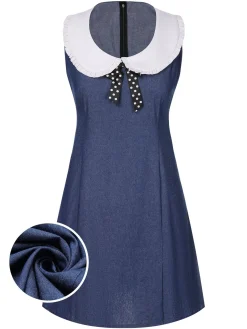 Outlet Retro Stage 1960s Peter Pan Collar Denim Dress Blue