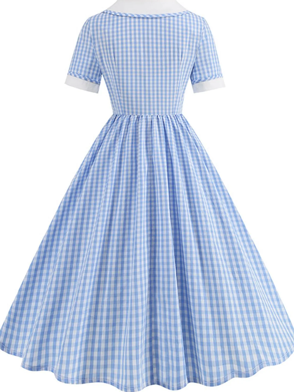 Best Retro Stage 1950s Peter Pan Collar Gingham Plaid Dress Blue