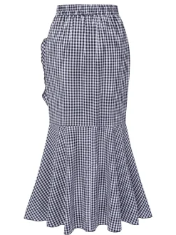 Clearance Retro Stage 1930s Plaid Fishtail Skirt Blue