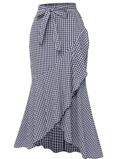 Clearance Retro Stage 1930s Plaid Fishtail Skirt Blue
