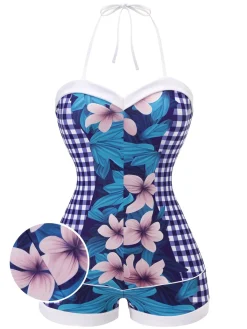 New Retro Stage 1950s Plaid Floral Swimsuit Blue
