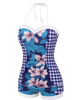 New Retro Stage 1950s Plaid Floral Swimsuit Blue