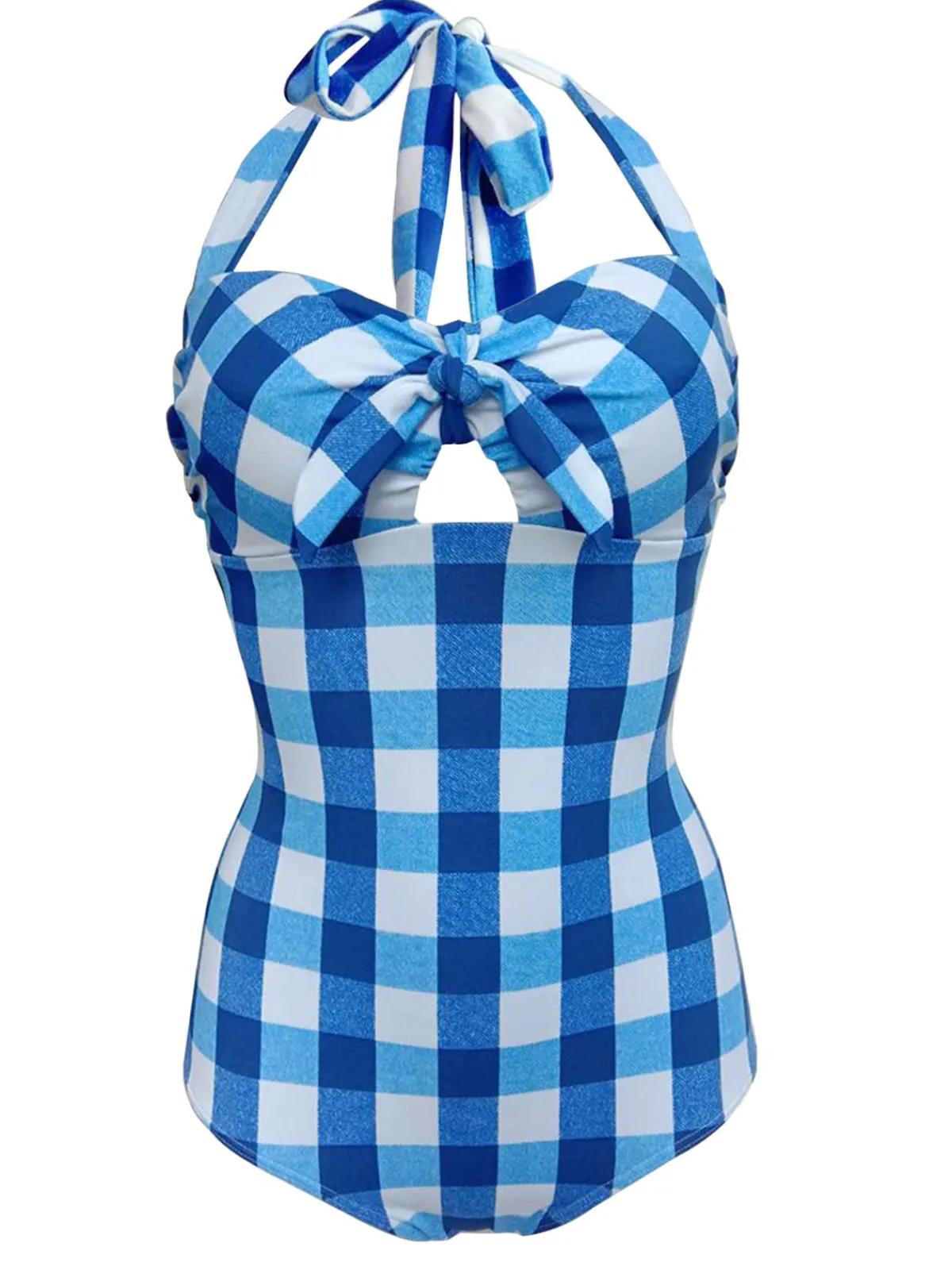 Online Retro Stage 1950s Plaid Halter One-Piece Swimsuit Blue