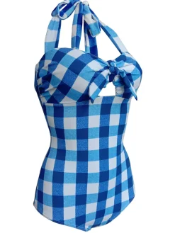 Online Retro Stage 1950s Plaid Halter One-Piece Swimsuit Blue