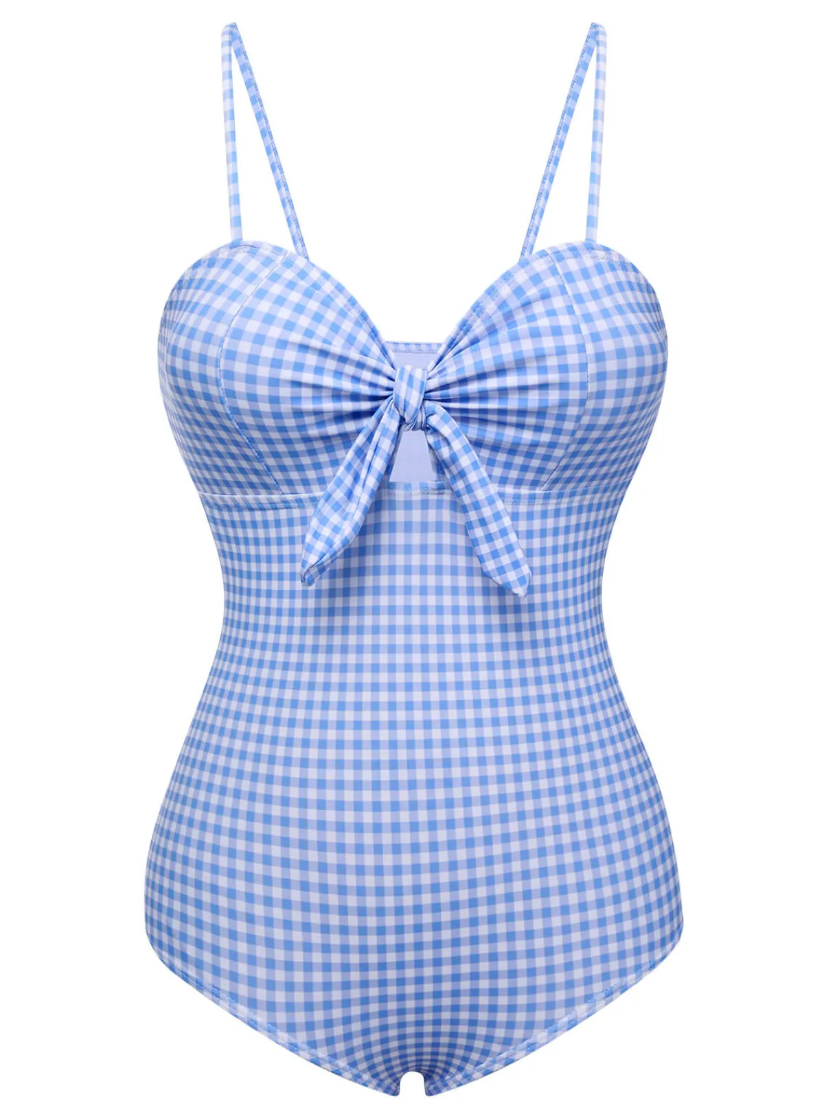 Sale Retro Stage 1950s Plaid Knot Strap Swimsuit Blue
