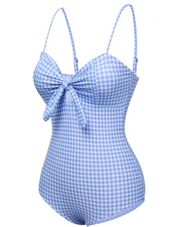 Sale Retro Stage 1950s Plaid Knot Strap Swimsuit Blue