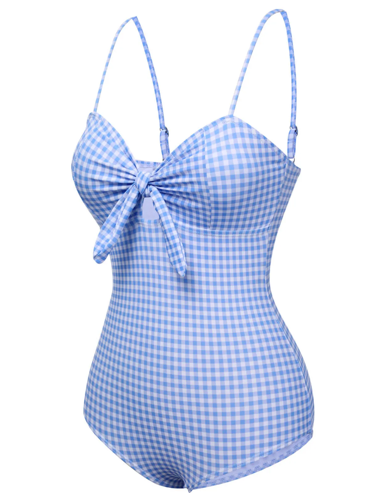 Sale Retro Stage 1950s Plaid Knot Strap Swimsuit Blue