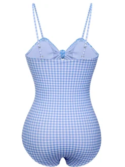 Sale Retro Stage 1950s Plaid Knot Strap Swimsuit Blue