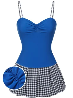 Sale Retro Stage 1960s Plaid Patchwork Strap Swimsuit Blue