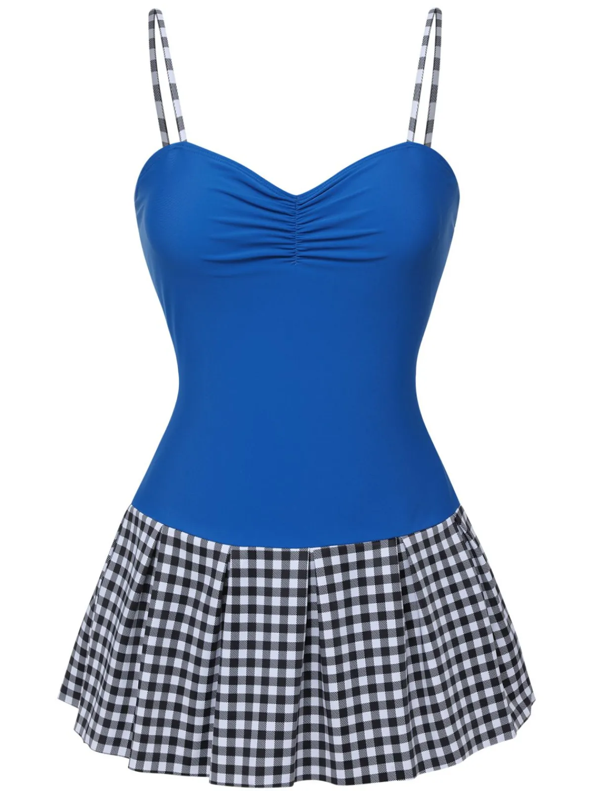 Sale Retro Stage 1960s Plaid Patchwork Strap Swimsuit Blue