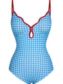 Fashion Retro Stage 1950s Plaid Sling One-Piece Swimsuit Blue