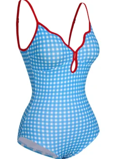 Fashion Retro Stage 1950s Plaid Sling One-Piece Swimsuit Blue