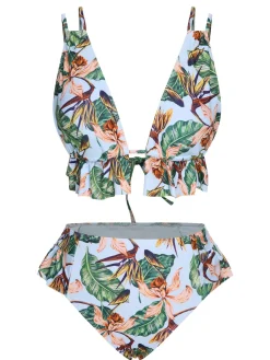 Hot Retro Stage 1960s Plants Back Tie Ruffles Swimsuit Blue