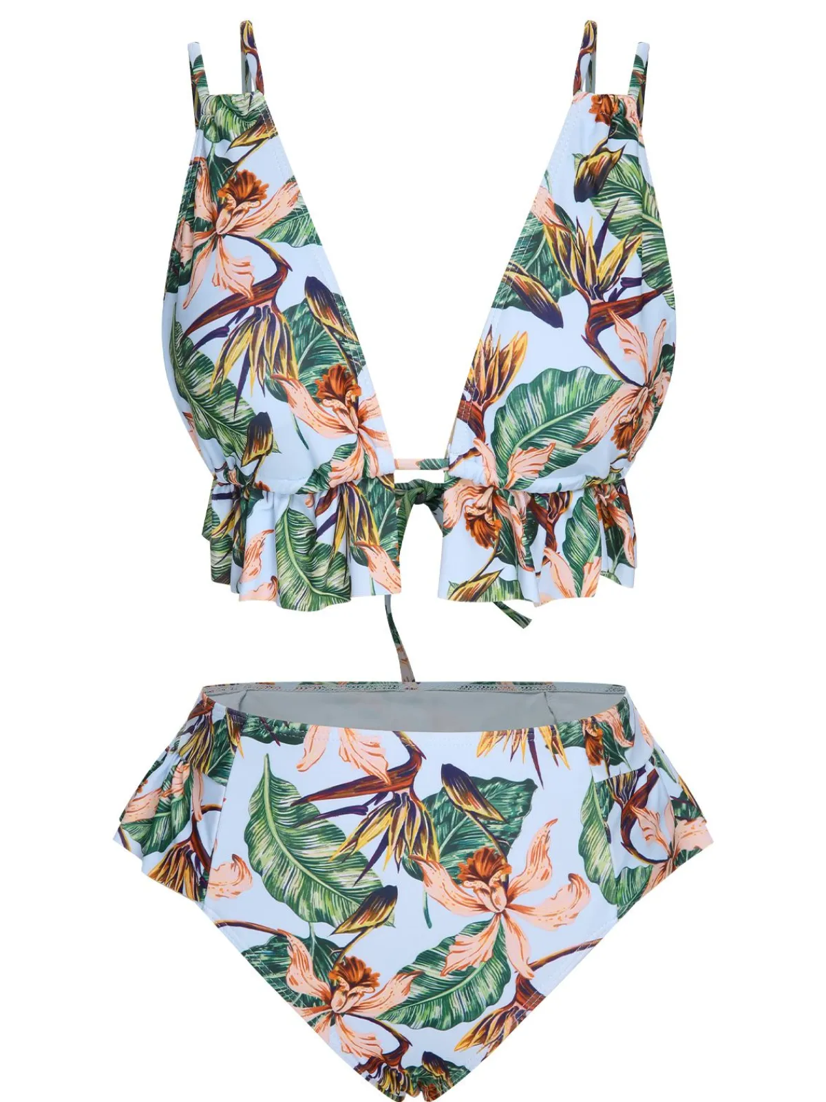 Hot Retro Stage 1960s Plants Back Tie Ruffles Swimsuit Blue