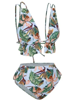Hot Retro Stage 1960s Plants Back Tie Ruffles Swimsuit Blue