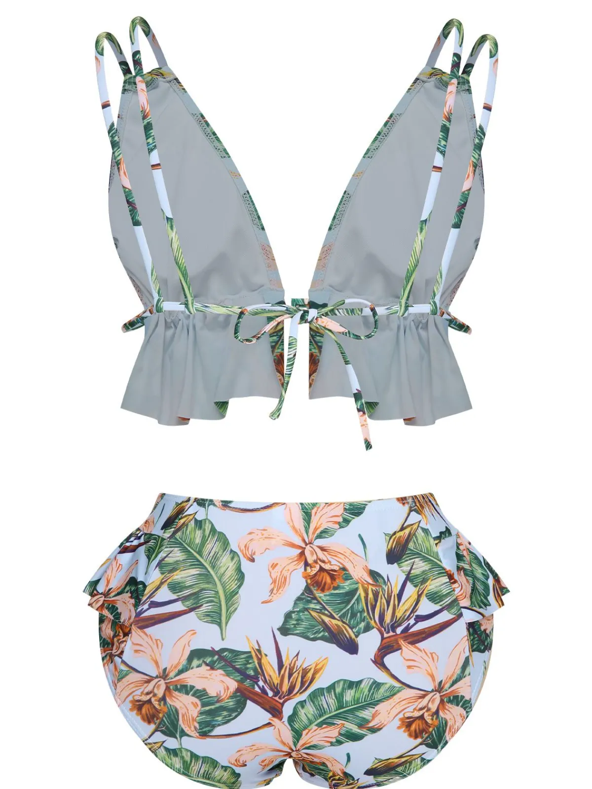 Hot Retro Stage 1960s Plants Back Tie Ruffles Swimsuit Blue