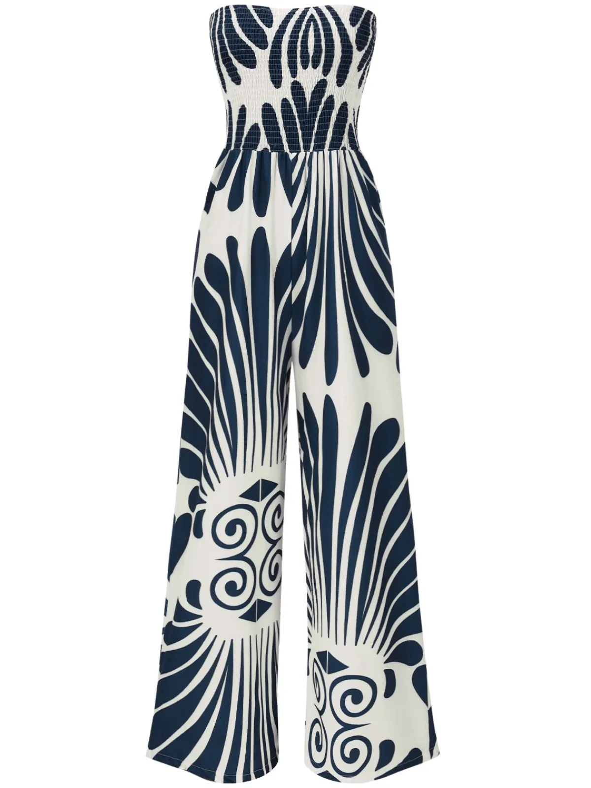 Sale Retro Stage Blue 1960s Plants Off-Shoulder Wide-Leg Jumpsuit Deep Blue