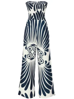 Sale Retro Stage Blue 1960s Plants Off-Shoulder Wide-Leg Jumpsuit Deep Blue