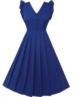 Online Retro Stage 1950s Pleated Ruffles Vest Dress Blue