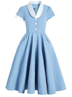 Outlet Retro Stage Blue 1950s Pocket Button Solid Dress Light Blue