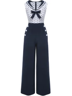 New Retro Stage 1940s Polka Dot Bow Lapel Jumpsuit Blue