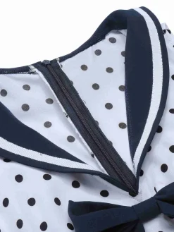 New Retro Stage 1940s Polka Dot Bow Lapel Jumpsuit Blue