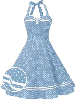 Sale Retro Stage 1950s Polka Dot Halter Swing Dress Blue