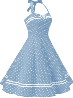 Sale Retro Stage 1950s Polka Dot Halter Swing Dress Blue