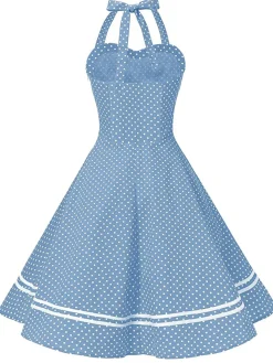 Sale Retro Stage 1950s Polka Dot Halter Swing Dress Blue