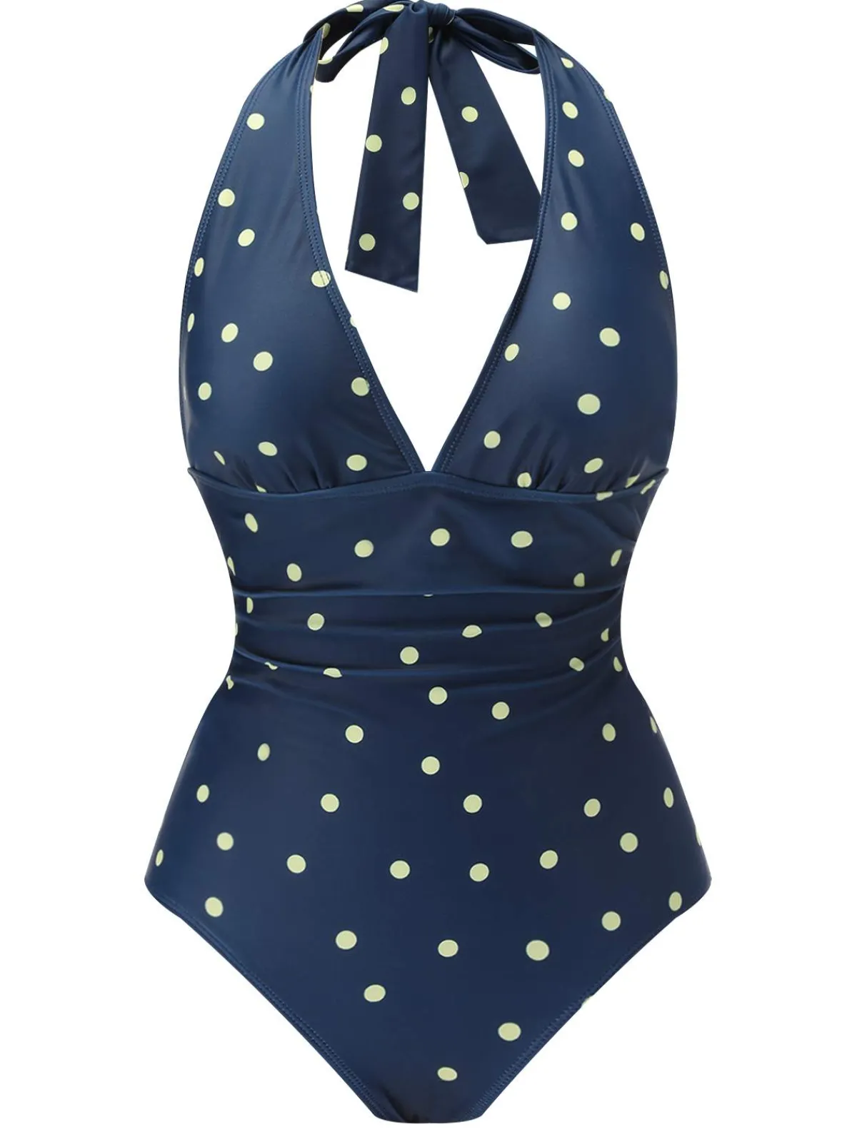 Best Retro Stage Blue 1960s Polka Dot Patchwork Halter Swimsuit Navy Blue